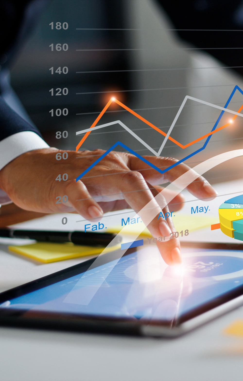 Picture of a man's index tracing on the screen of a tablet and illustrated with colorful virtual chart-like design