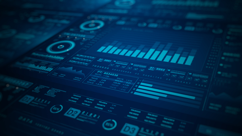 a dramatic view of bar charts and graphs all in dark blue and black