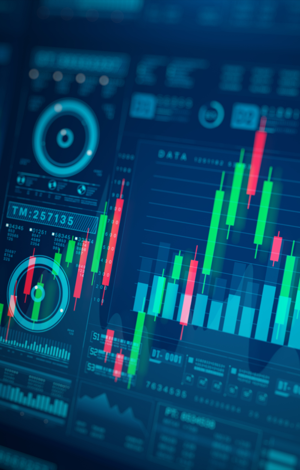 Business stock market with charts and data numbers, Candlestick information reports for finance strategy and investment, Data analytics for visualizing complex data metrics and trends, 3d rendering