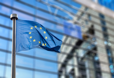 EU flag flying full mast on Berlaymont in Brussels background