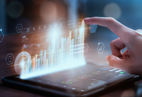 Stock exchange market concept, businesswoman hand trader press digital tablet with graphs analysis candle line on table in office, diagrams on screen.