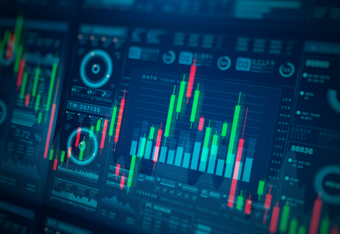 Business stock market with charts and data numbers, Candlestick information reports for finance strategy and investment, Data analytics for visualizing complex data metrics and trends, 3d rendering