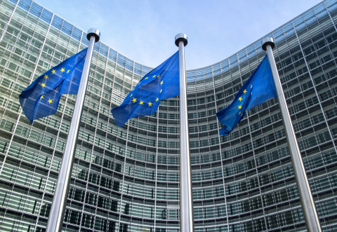 3 EU flags full mast in front of the EU Commission Berlaymont building in Brussels